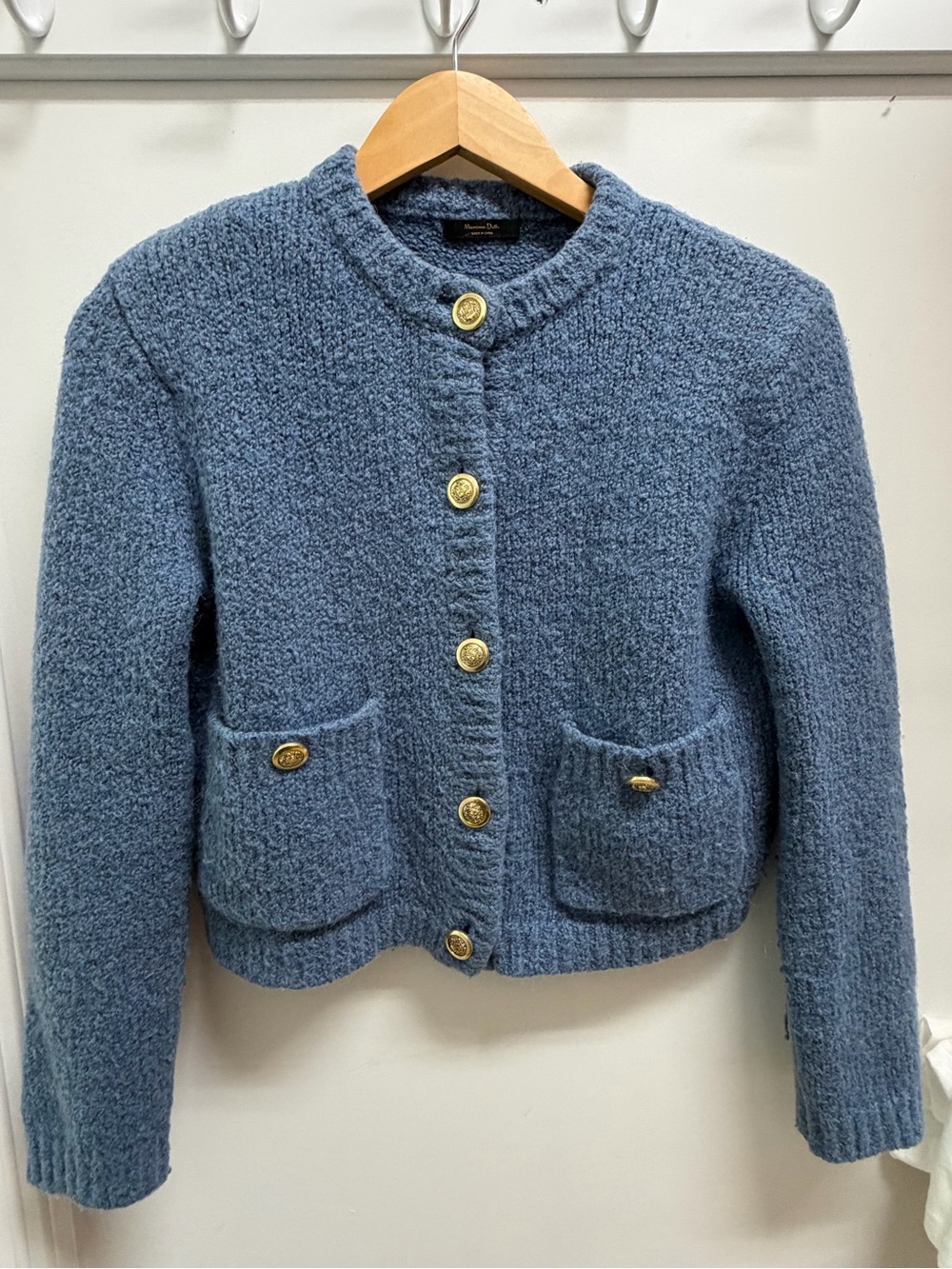 Massimo Dutti Dusty Blue Textured Knit Cardigan with Gold Button